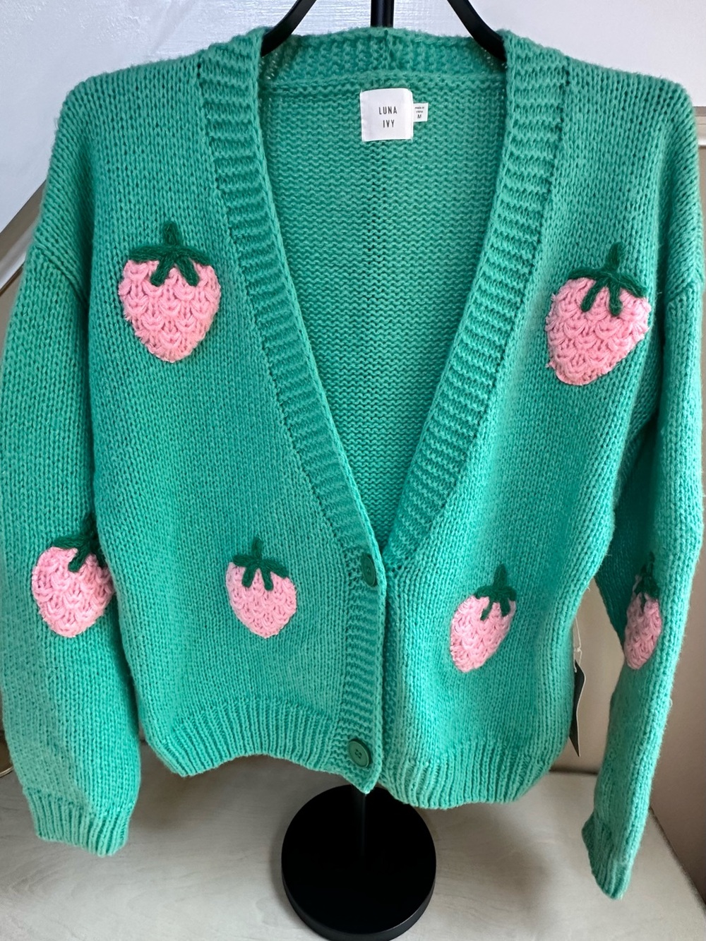 Luna Ivy Strawberry Cardigan Sweater Green Pink Crochet Strawberries Size M